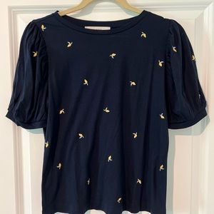Loft Womens sz S T Shirt Blue Lemon Embroidered Short Sleeve